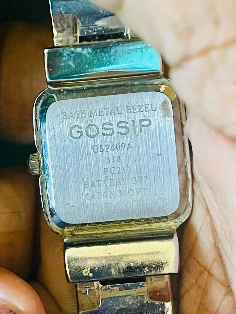 Gossip Silver-Tone Square Mother-of-Pearl Dial Cuff Bangle Watch. Size 8